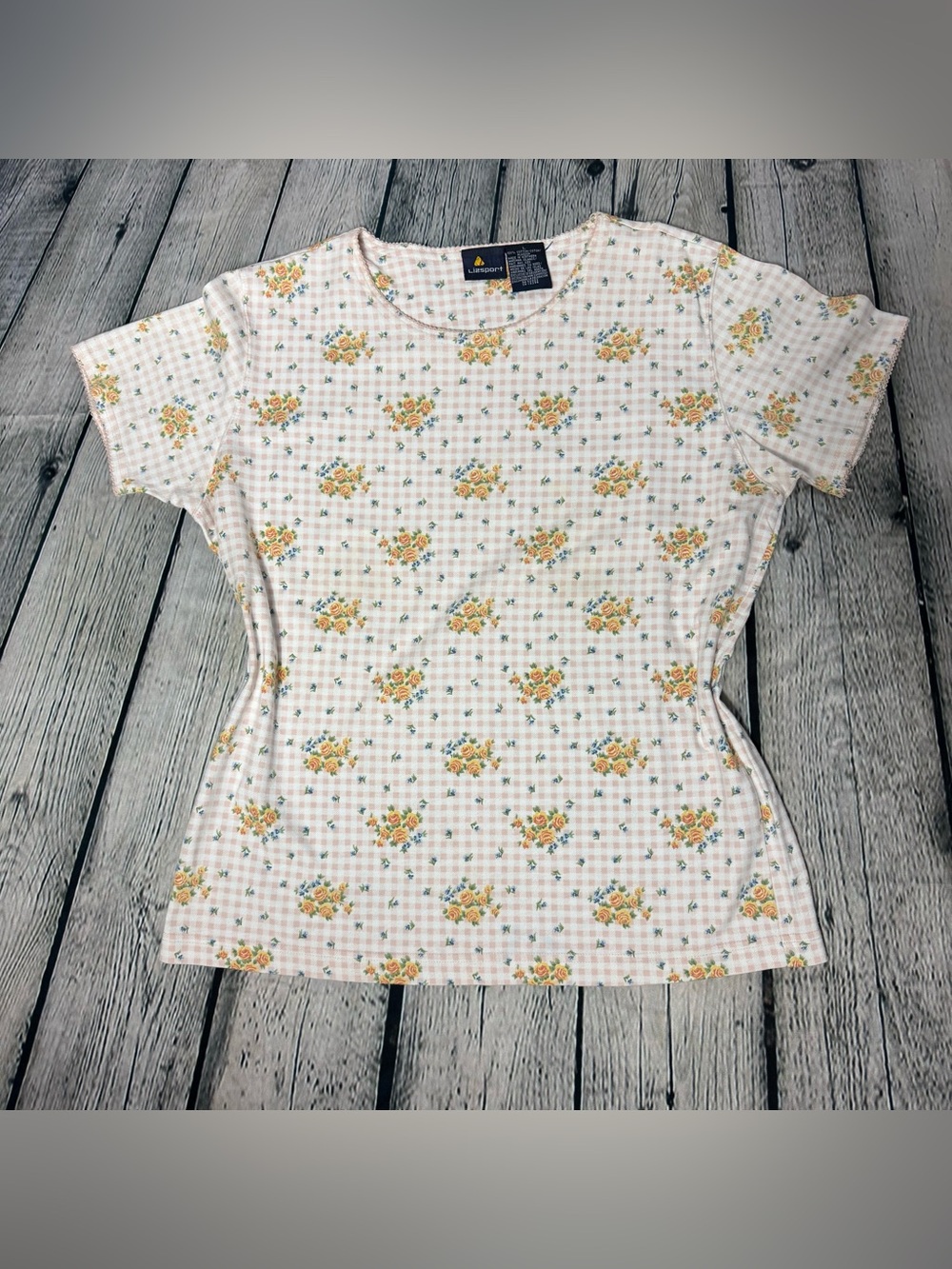 Lizsport Liz Claiborne Vtg 90s Cottagecore Floral Gingham Pink T-Shirt Size L